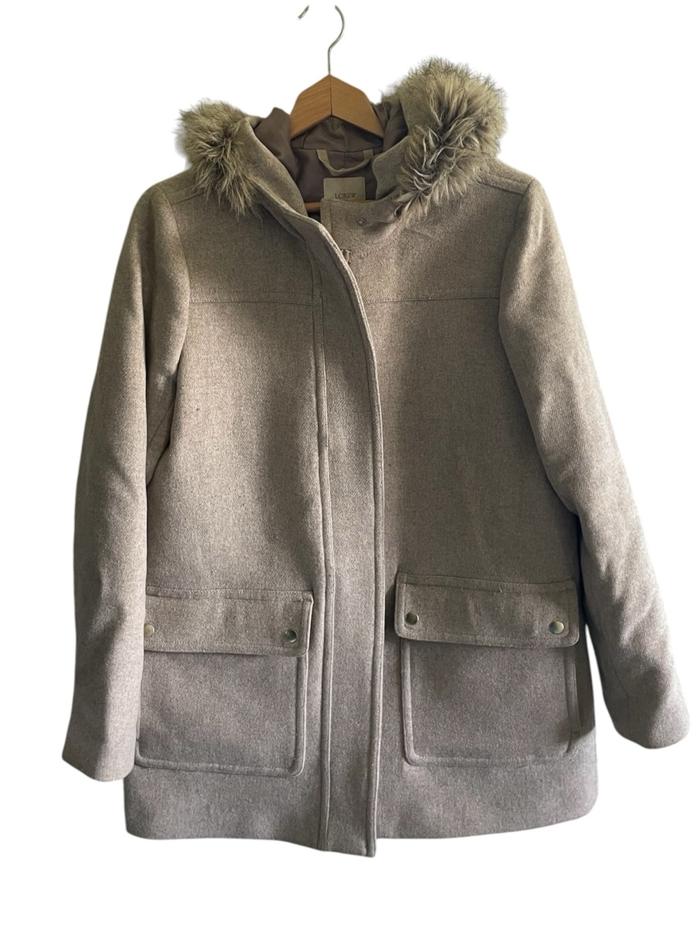 Wool Blend Hooded Coat with Faux Fur - Taupe J.Crew size 12 Large